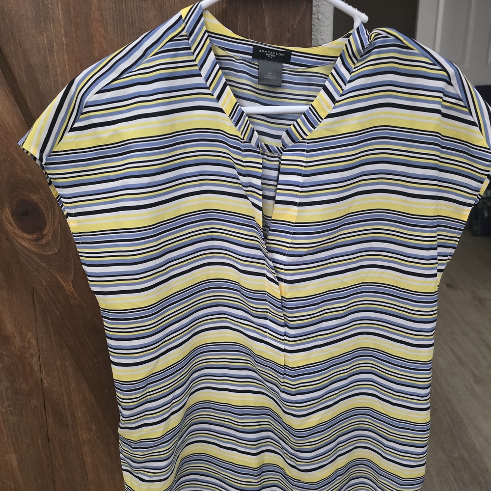 Ann Taylor Yellow, Navy & White Striped Cap Sleeve Blouse